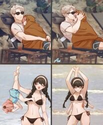1boy 2girls ^_^ ^o^ anya_(spy_x_family) anya_forger aoirnn armpits bare_legs barefoot beach beach_chair bikini black_bikini black_hair blanket blonde_hair blue_one-piece_swimsuit braid breasts closed_eyes closed_mouth cup disposable_cup drink drinking_straw father_and_daughter feet green_eyes groin hairband halterneck highres kissing kissing_forehead large_breasts leg_grab legs lifting_person loid_forger long_hair medium_hair meme mother_and_daughter multiple_girls multiple_views navel one-piece_swimsuit outdoors parody peanut photo-referenced photo_background pink_hair sfw shirt short_hair shorts side-tie_bikini_bottom sleeping soles spy_x_family stomach string_bikini sunglasses swimsuit t-shirt toes twilight_(spy_x_family) twin_braids water white_hairband yor_briar