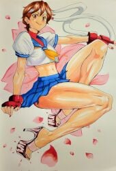 2d athletic athletic_female bare_legs capcom female female_focus female_only high_heels hourglass_figure long_legs navel octavius_dp pinup pinup_pose sakura_kasugano school_uniform schoolgirl short_hair street_fighter street_fighter_alpha tagme tomboy wide_hips