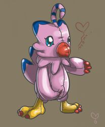 2016 avian beak biyomon blue_eyes blue_markings claws clothing costume digimon digimon_(species) female genitals heart hi_res inflatable kastmi markings pink_body pussy pussy_rubbing standing suit toe_claws tuft
