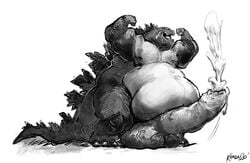 2020 anthro aokmaidu balls belly big_balls big_belly big_penis bodily_fluids claws cum cumshot ejaculation erection flexing genital_fluids genitals godzilla godzilla_(series) hi_res huge_balls huge_cock humanoid_genitalia hyper hyper_balls hyper_genitalia hyper_penis male male_only moobs morbidly_obese morbidly_obese_anthro morbidly_obese_male muscular muscular_anthro muscular_male obese obese_anthro obese_male open_mouth overweight overweight_anthro overweight_male penis simple_background smile solo solo_male spikes standing toho white_background