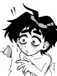ambiguous_gender animal_genitalia animal_penis blush blush_lines canine canine_genitalia canine_penis dark_hair drooling femboy feral feral_on_femboy feral_on_human half-erect heart-shaped_pupils interspecies knot male messy_hair monochrome offscreen_character original original_character sheath shocked shocked_expression short_hair staring_at_penis surprised surprised_expression sweat sweatdrop sweating thick_eyebrows zoo zoophilia