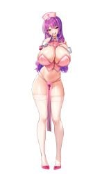 1girls akagi_rio bare_shoulders big_breasts breasts cleavage curvy curvy_female derauea detached_collar detached_sleeves female female_only full_body game_cg hair_ribbon huge_breasts large_breasts lingerie loincloth long_hair looking_at_viewer milk_factory motto!_haramase!_honoo_no_oppai_isekai_oppai_bunny_gakuen! navel nurse nurse_cap nurse_uniform official_art oppai png purple_eyes purple_hair raphiel_grimlight shiny_breasts shiny_skin solo standing teenager thighhighs thighs transparent_background white_legwear younger_female