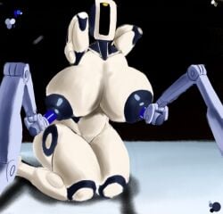 breasts color female glados glados_(humanoid) kneeling large_breasts nipple_penetration no_mouth nude_female polygonalfish portal_(series) robot robot_girl simple_background solo solo_female yellow_eyes