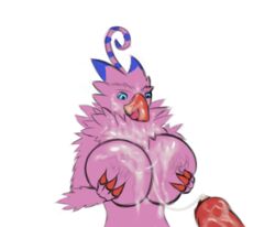 anthro avian beak biyomon breast_grab breasts claws cum digimon digimon_(species) eyebrows facial feathers furry licking_lips looking_down penis pink_body pink_feathers red_beak red_claws testowepiwko tongue tongue_out