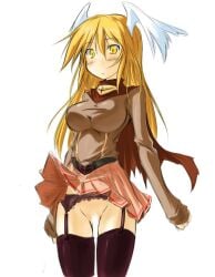 :o belt black_belt black_garter_belt black_thighhighs blonde_hair blush breasts brown_cape brown_shirt cape commentary_request cowboy_shot expressionless feathered_wings female garter_belt head_wings impossible_clothes impossible_shirt kaminagi_(kaminagi-tei) light_censor long_hair long_sleeves looking_at_viewer lord_knight_(ragnarok_online) medium_breasts miniskirt no_panties open_mouth pink_skirt pussy ragnarok_online shirt simple_background skirt solo thighhighs torn_cape torn_clothes white_background white_wings wind wind_lift wings yellow_eyes