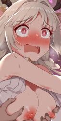 animal_ears antlers blush blushing_at_viewer blushing_female braid breasts deer_antlers deer_ears deer_girl grabbing_another's_breast grey_hair groping hair_intakes highres horns large_breasts louise_marie nipples no_bra nose_blush open_clothes open_mouth open_shirt panicking princess_connect! red_eyes ryuki_(ryukisukune) shirt sleeveless sleeveless_shirt striped_clothes striped_shirt tearing_up vertical-striped_clothes vertical-striped_shirt wavy_mouth white_shirt