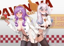 2girls breasts cleavage female female_only food garter_belt garter_straps hare_nitsuki hololive moona_hoshinova no_bra pasties pavolia_reine vtuber waitress