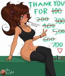 1girls biting_lip biting_own_lip blush blush brown_hair dialogue follower_celebration jewelry legs_crossed mole_on_ass mole_on_breast muffin_knight muffin_knight_(artist) no_panties olive_eyes paintbrush peace_sign ponytail simple_background sitting sitting_on_dildo stomach_bulge tank_top text thick_thighs thigh_highs thighs twitching wink winking_at_viewer