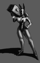 breasts bunny_ears bunnysuit female glados glados_(humanoid) greyscale holding_weapon large_breasts leggings missile_launcher no_mouth polygonalfish portal_(series) robot robot_girl solo solo_female