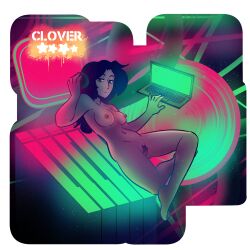 black_hair breasts clover_(the_rock_cocks) completely_nude computer female leslie_brown nude nude_female nudist pierced_nipples pinup tagme the_rock_cocks