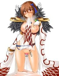 argyle_clothes argyle_dress belt blue_belt blue_bow blush bow breasts brown_hair censored cleavage commentary_request detached_sleeves dildo dress female full_body fur_collar hairbow kaminagi_(kaminagi-tei) kneeling large_breasts looking_at_viewer medium_hair mosaic_censoring mouth_hold nipples no_panties object_insertion orange_eyes pussy pussy_juice ragnarok_online sex_toy side_slit simple_background sleeveless sleeveless_dress solo sorcerer_(ragnarok_online) vaginal_object_insertion vaginal_penetration white_background white_dress white_sleeves