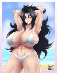 abs artist_signature azraelwebster black_hair blurry_background daidouji_(senran_kagura) huge_breasts muscular_female red_eyes senran_kagura thunder_thighs white_bikini