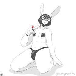 anthro biped blood bodily_fluids bondage bulge detailed_bulge hi_res knife lagomorph latex leporid male male_anthro mammal nastymug rabbit solo wounded