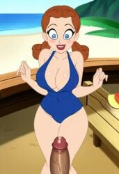 ai_generated big_breasts big_penis blue_eyes brown_hair cleavage dorothy_gale looking_at_viewer one-piece_swimsuit penis precum smiling solo standing the_wizard_of_oz twintails