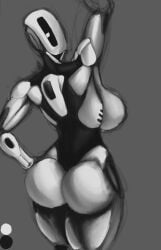 breasts female from_behind glados glados_(humanoid) greyscale large_breasts no_background no_mouth polygonalfish portal_(series) robot robot_girl solo solo_female two_tone_body