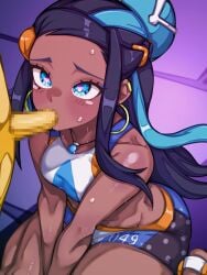 bike_shorts black_hair blue_eyes blue_hair breasts clothed_sex dark-skinned_female dark_skin fellatio female forehead heart heart-shaped_pupils hypno hypnosis interspecies jewelry long_hair medium_breasts mimizunooka mind_control multicolored_hair necklace nessa_(pokemon) on_floor oral penis pokemon pokephilia sandals sitting sports_bra straight_hair sweat symbol-shaped_pupils