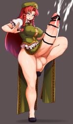 absurdres ahe_gao balls beret black_shoes blue_eyes braid breasts cleavage covered_nipples cum cum_overflow erection female female_orgasm fighting_stance futanari green_vest hat highres hong_meiling intersex large_breasts large_penis long_hair looking_up open_mouth orgasm parted_bangs pelvic_curtain penis peso_(cheese_company) puffy_short_sleeves puffy_sleeves red_hair shoes short_sleeves solo star_(symbol) testicles tongue tongue_out touhou twin_braids vest