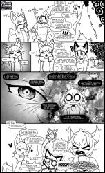 absurd_res ande_(hima_nsfw) anthro appliance big_eyes black_and_white blush bottomwear canid canine cheese clothing dairy_products dialogue duo embarrassed felid feline female fire food fox ghost haku_(hima_nsfw) hi_res hima_nsfw himalaya_(hima_nsfw) hybrid kitchen_appliance lynx macaroni macaroni_and_cheese male mammal manga_style monochrome oven pants pasta references shirt shocked smoke solo spirit sweater topwear