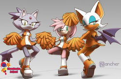 3girls amy_rose anthro blaze_the_cat blue_eyeshadow breasts cheerleader cheerleader_uniform cheerleading eyeshadow female female_only green_eyes hairband lips lipstick nancher orange_pom_poms orange_shoes panties pink_hair pink_lipstick pom_poms rouge_the_bat sega shoes socks sonic_(series) sonic_the_hedgehog_(series) tail trio violet_hair white_hair wings yellow_eyes