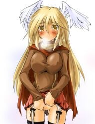 black_thighhighs blonde_hair blur_censor blush breasts breath brown_cape brown_shirt cape censored commentary_request covered_nipples cowboy_shot feathered_wings female garter_straps head_wings kaminagi_(kaminagi-tei) large_breasts long_hair looking_at_viewer lord_knight_(ragnarok_online) miniskirt no_panties open_mouth pink_skirt pussy pussy_juice ragnarok_online shirt simple_background skirt solo thighhighs white_background white_wings wings yellow_eyes