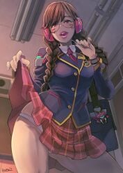 academy_d.va artist_name artist_signature butcha-u ceiling ceiling_light chalkboard classroom d.va glasses overwatch school_bag school_uniform schoolgirl schoolgirl_uniform showing_panties skirt_lift