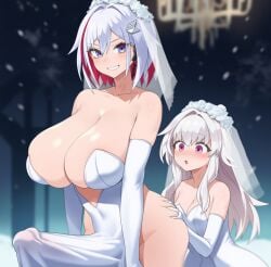 2girls ai_generated bare_shoulders blue_eyes blurry blush breasts bridal_gauntlets bridal_veil bride clara_(honkai:_star_rail) cleavage dress elbow_gloves female futanari gloves grin honkai:_star_rail honkai_(series) huge_breasts imminent_sex intersex long_hair mihoyo multicolored_hair multiple_girls parted_lips petite purple_eyes racerai red_hair short_hair silver_hair smile strapless strapless_dress streaked_hair topaz_(honkai:_star_rail) veil wedding_dress white_hair wife_and_wife yuri