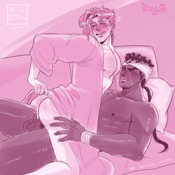 2boys anal ass blush couch cowgirl_position cum cum_in_ass drooling earrings ejaculation hand_on_thigh interracial jojo's_bizarre_adventure laying_down laying_on_couch looking_back looking_pleasured male_only mohammed_avdol muscular muscular_male noriaki_kakyoin open_shirt receiving_on_top riding stardust_crusaders the_rytkak therytkak yaoi