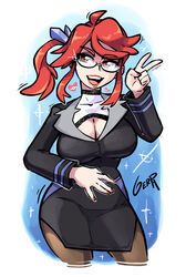 big_breasts breasts cleavage elite_four eyebrows_visible_through_hair female female_only gerph glasses hair_tie happy lorelei_(pokemon) lorelei_(pokemon_lgpe) nail_polish nintendo open_mouth painted_nails pink_lips pokemon pokemon_lgpe pokemon_rgby red_eyes red_fingernails red_hair red_nail_polish red_nails smile solo tagme thick_thighs thighs v wide_hips