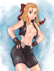 2d athletic athletic_female blonde_hair breasts brown_eyes brown_hair busty capcom cleavage countgalatea drill_hair female female_focus female_only hair_ribbon hourglass_figure karin_kanzuki long_hair medium_breasts navel ribbon ribbon_in_hair ribs sportswear street_fighter tagme wide_hips