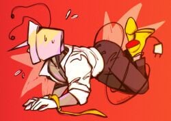 1boy 2025 antennae bondage clothed clothed_male clothes clothing color colored deltarune deltarune_chapter_3 digital_drawing_(artwork) digital_media_(artwork) electric_plug male male_only on_all_fours pointy_nose restrained restrained_arms restraints simple_background solo solo_male tenna_(deltarune) tie tied tied_hands tied_up tv tv_head