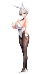 1girls akagi_rio bare_shoulders big_breasts breasts bunny_ears bunny_girl bunnysuit cleavage curvy curvy_female derauea detached_collar detached_sleeves female female_only full_body game_cg grey_eyes grey_hair hair_ribbon huge_breasts large_breasts lingerie looking_at_viewer milk_factory minya_prenavas_8102 motto!_haramase!_honoo_no_oppai_isekai_oppai_bunny_gakuen! nipple_bulge official_art png shiny_breasts shiny_skin short_hair solo standing teenager thighs transparent_background younger_female