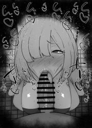 1boy 1girls :>= big_penis black_and_white blowjob blue_archive blush breasts censored dark-skinned_male dark_skin detailed_background drooling eyelashes fellatio female hair_over_one_eye heart human indoor inside interracial kurotama looking_at_viewer male male_pov oral oral_sex penis pov room saliva shiny shiny_skin short_hair sketch sound_effects squatting sweat text tongue_out vein veins veiny veiny_penis