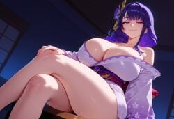 1girls ai_generated balecxi bangs bare_legs bare_shoulders blush braid braided_ponytail breasts clavicle cleavage closed_mouth clothing crossed_legs curvaceous curvaceous_female curvaceous_figure curvy curvy_figure female female female_focus female_only floral_print flower genshin_impact hair_flower hair_ornament hoyoverse huge_breasts indoors japanese_clothes kimono large_breasts legs lips long_hair long_sleeves looking_at_viewer mole mole_under_eye night night_sky no_bra obi off_shoulder ponytail presenting presenting_breasts presenting_self purple_eyes purple_flower purple_hair purple_kimono raiden_shogun robe sash sidelocks sitting smile solo thick_thighs thighs traditional_clothes voluptuous voluptuous_female wafuku wide_sleeves yukata