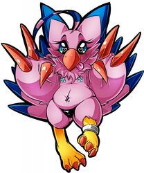 <3_eyes avian beak biyomon blue_body blue_feathers blue_markings claws clothing digimon digimon_(species) eyebrows eyelashes feather_tuft feathers female gesture heart hi_res long_eyelashes markings navel navel_piercing nipples panties piercing pink_body pink_feathers red_claws ring semi-anthro simple_background solo suddenhack tail_feathers tape toe_claws tongue tongue_out tuft underwear v_sign white_background