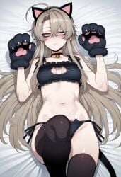 1girls ahoge ai_generated animal_hands bags_under_eyes bell bell_choker black_bra black_choker black_lingerie black_panties black_thighhighs black_underwear blue_eyes blush bra breasts cat_cutout cat_ear_panties cat_ears cat_lingerie cat_tail choker cleavage_cutout closed_mouth covered_nipples expressionless eyelashes fake_animal_ears fake_tail female female_human female_only female_pubic_hair frills hair_between_eyes half-closed_eyes illustrious_(stable_diffusion) jingle_bell knee_up light_brown_hair lingerie long_hair lying meme_attire milua navel neck_bell on_back on_bed original original_character panties parted_bangs paw_gloves pubic_hair pubic_hair_peek self_upload side-tie_panties sidelocks solo solo_female stomach tail thighhighs underwear very_long_hair wai-nsfw-illustrious-sdxl