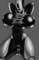 breast_expansion glados glados_(humanoid) greyscale large_breasts latex latex_suit no_mouth outgrowing_clothes polygonalfish portal_(series) robot robot_girl solo solo_female torn_clothes