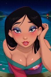 ai_generated badassoverlord94_(ai_generator) black_hair blue_eyes blush breasts cleavage collarbone disney down_blouse eyeshadow fa_mulan lake lips lipstick long_hair looking_at_viewer mulan mulan_(1998_film) night petals pov sky stars touching_hair