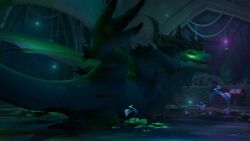 absurd_res big_horn big_tail blizzard_entertainment dragon female feral genitals hi_res horn merithra mythological_creature mythological_scalie mythology narrowed_eyes presenting presenting_pussy pussy raised_leg scalie solo tail warcraft wicust
