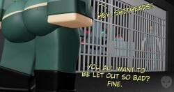 1girls 3d ass ass_focus clothed deepsleeprr34 dialogue english_text female luisa_(deepsleeprr34) o_enterprise prison_bars roblox robloxian tagme text watermark