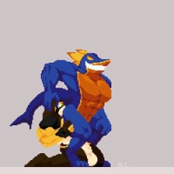 2025 abs anal anal_vore animal_genitalia animated anthro balls belly big_belly canid canine digital_media_(artwork) duo fish genitals grin grindzy_(nephiclav) hand_on_another's_head hand_on_another's_leg male male_pred male_prey mammal marine muscular muscular_anthro nephiclav okory pixel_(artwork) pixel_animation scalie shark sheath smile unwilling_prey vore watermark