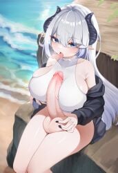 1futa autofellatio futanari hi_res horns monster_girl one-piece_swimsuit silinthoakes
