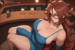 1futa 2025 ai_generated android_21 balls bar big_breasts blue_eyes breasts brown_hair bulge detached_sleeves dragon_ball dress earrings elbow_gloves from_below futa_only futanari glasses high_resolution highres indoors lips long_hair looking_at_viewer megane mole mole_on_breast penis penis_bulge seductive_smile self_upload shadyfox sitting smile solo solo_focus solo_futa stable_diffusion teeth testicles