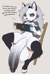 1futa ai_generated animal_ears anthro ass balls ballsack big_ass big_balls big_breasts big_penis black_pupils breasts canine chair claws collar crop_top edit emotionless english_text furry futa_only futanari grey_body grey_fur grey_hair hi_res highres huge_balls huge_cock hyper_penis large_penis legs_apart long_hair long_penis looking_at_viewer loona_(helluva_boss) nintendo nintendo_switch numbleg open_mouth paws penis playing_videogame raised_eyebrows red_sclera sagging_balls simple_background sitting skindentation slim_waist solo solo_focus solo_futa speech_bubble spread_legs tail talking talking_to_viewer text thick_penis thick_thighs veins veiny_penis white_body white_eyes white_fur wide_hips