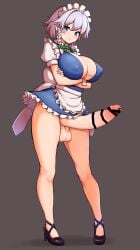 absurdres apron bat_wings blue_eyes bow bowtie braid breasts cleavage covered_nipples crossed_arms frilled_skirt frills futanari green_bow green_bowtie grey_hair high_heels highres izayoi_sakuya large_breasts maid maid_apron maid_headdress miniskirt penis peso_(cheese_company) skirt smile testicles touhou twin_braids waist_apron wings