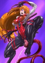 1futa 2024 armpits blue_eyes body_modification breasts censored clawed_feet clawed_fingers claws colored_skin corruption damu_otoko dark_persona drooling eyepatch female futanari hair_between_eyes hair_ornament highres intersex long_hair looking_at_viewer mecha_pilot_suit medium_breasts monster monster_girl multicolored_skin muscles neon_genesis_evangelion nipples open_mouth orange_hair plugsuit_(evangelion) plus-shaped_pupils purple_background saliva saliva_drip saliva_trail sharp_teeth solo souryuu_asuka_langley swept_bangs symbiote tail teeth transformation very_long_hair
