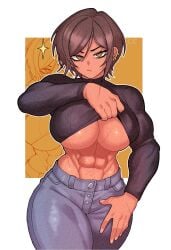 1girls abs athletic athletic_female big_breasts brown_eyes brown_hair champchidi clothed dark-skinned_female dark_skin denim_jeans earrings female female_focus female_only front_view huge_breasts human jeans lifting_shirt limbus_company mature_female muscular muscular_female no_bra older_female outis_(limbus_company) scars scars_all_over short_hair solo solo_female solo_focus sweater thick_thighs thunder_thighs tight_clothing tomboy toned toned_female top_heavy video_games voluptuous voluptuous_female wide_hips