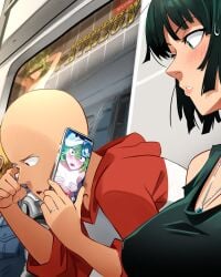 1girls 2girls female fubuki_(one-punch_man) khyleri meme nude one-punch_man phone_call saitama tatsumaki