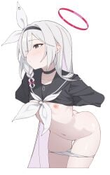 areolae ass ass_visible_through_thighs belly_button blue_archive blush braid breasts breasts_out choker grey_eyes hair_ornament leaning_forward long_hair navel nipples panties panties_around_legs panties_down plana_(blue_archive) rakugaki_nye small_breasts undressing white_hair