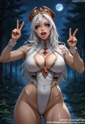 ai_generated ass_visible_through_thighs bangs bare_shoulders blizzard_entertainment blush breasts cleavage cleavage_cutout clothing covered_navel double_v female female female_only fingernails forest full_moon gem hair_between_eyes hat headwear highleg highleg_leotard jewelry jousneystudio large_breasts leotard lips long_hair looking_at_viewer moon nail_polish nature navel night night_sky open_mouth original outdoors red_eyes red_gemstone red_headwear red_lips red_nails sally_whitemane sky smile solo standing thick_thighs thighs tongue tongue_out tree v warcraft water white_hair white_leotard wide_hips world_of_warcraft