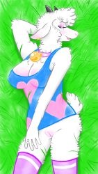 anthro bell bell_collar big_breasts blush bottomless bovid breasts caprine cleavage clothed clothing collar ear_piercing eyeshadow female footwear fur genitals grass heart_symbol hi_res horn humanoid_hands legwear lipstick looking_at_viewer makeup mammal nipple_outline nude partially_clothed piercing pinup plant polly_sheep pose pussy sheep shirt socks solo tank_top thigh_highs topwear wool_(fur) woolpuff